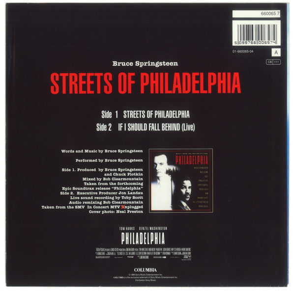 Image of Back Cover of 7" - VG/VG+ - BRUCE SPRINGSTEEN, Streets Of Philadelphia (Columbia Red - Small Center Hole; 660065 7, UK 1993, Picture Sleeve), Edge and ring wear.,  - 3316564C