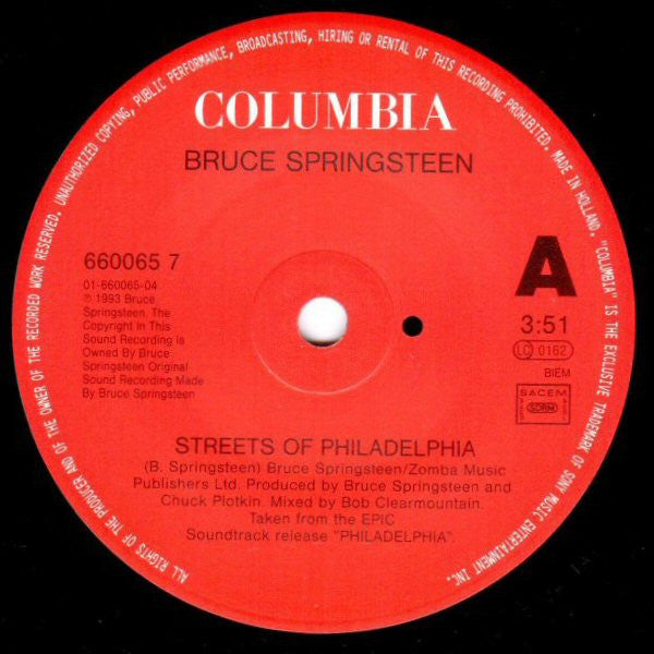 Image of Label Cover of 7" - VG/VG+ - BRUCE SPRINGSTEEN, Streets Of Philadelphia (Columbia Red - Small Center Hole; 660065 7, UK 1993, Picture Sleeve), Edge and ring wear.,  - 3316564C