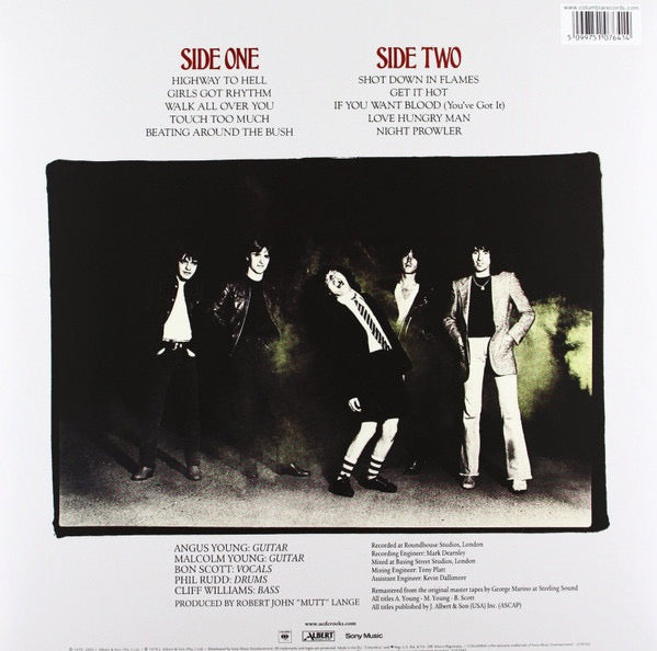 Image of Back Cover of LP - VG+/VG - AC/DC, Highway To Hell (Sony; 5107641, Europe 2009 Reissue, Inner), Light hairlines only. ,  - 1716436C