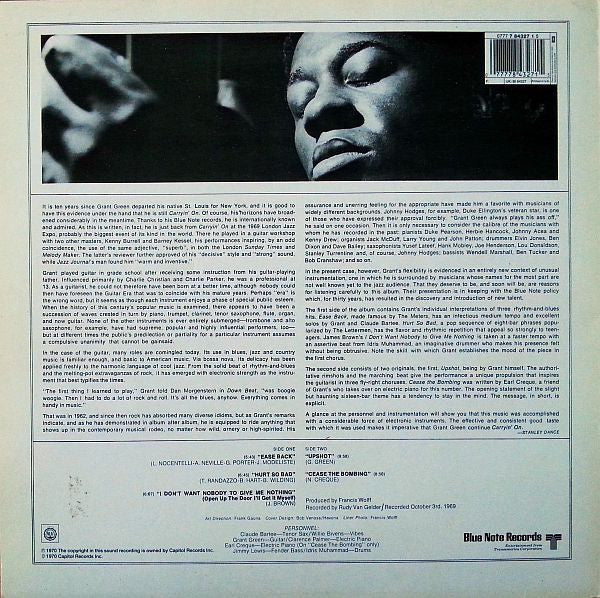 Image of Back Cover of LP - VG+/VG+ - GRANT GREEN, Carryin' On (Blue Note; 7 84327 1, UK 1991 Reissue), ,  - 3226183E