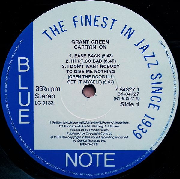 Image of Label Cover of LP - VG+/VG+ - GRANT GREEN, Carryin' On (Blue Note; 7 84327 1, UK 1991 Reissue), ,  - 3226183E