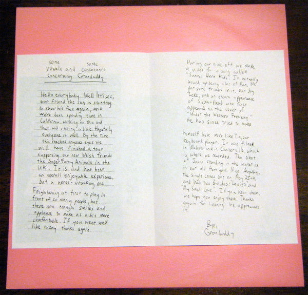 Image of Label Cover of 12" EP - VG/VG - GRANDADDY, Machines Are Not She (Big Cat; ABB128P, UK 1998, Die Cut Pink Sleeve, Insert), Light marks only. Pink sleeve has one small tear to rear opening Insert included. , Free European mail order release in plain pink card sleeve. Includes a folded 8 1/2" x 11" photocopy insert with a note titled "some vowels and some consonants concerning Grandaddy".Tracks are numbered 1 through 6 on the label. Timings not listed on label.A1	Levitz - 4:24A2	For The Dishwasher