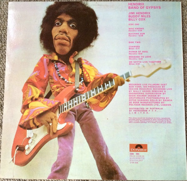 Image of Back Cover of 4713016C: LP - JIMI HENDRIX, Band of Gypsys (Puppet Sleeve) (Polydor; 2406002, Australia 1970s Reissue, Laminated Sleeve With Purple Text )   VG/VG+