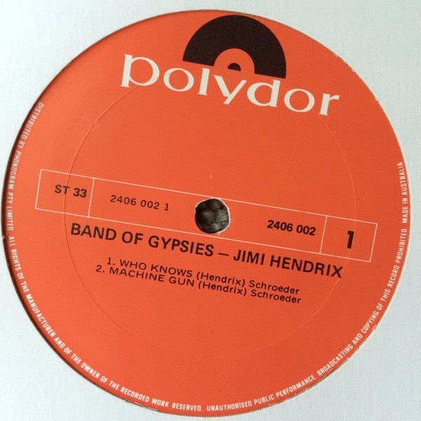 Image of Label Cover of 4713016C: LP - JIMI HENDRIX, Band of Gypsys (Puppet Sleeve) (Polydor; 2406002, Australia 1970s Reissue, Laminated Sleeve With Purple Text )   VG/VG+