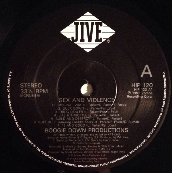Image of Label Cover of LP - VG+/VG - BOOGIE DOWN PRODUCTIONS, Sex And Violence (Jive ; HIP 120, UK 1992, Picture Sleeve), ,  - 3726412E