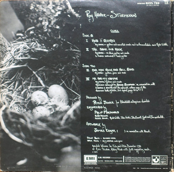 Image of Back Cover of LP - VG/VG+ - ROY HARPER, Stormcock (Harvest Green,Gramophone On Rim, NO EMI Box; SHVL789, UK 1971, Textured Gatefold Sleeve, No Insert), Edge wear and creasing. Pristine disc.,  - 1946149S