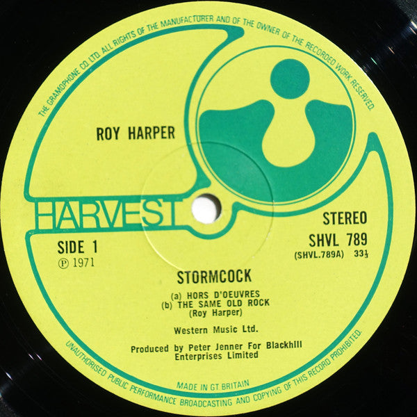 Image of Label Cover of LP - VG/VG+ - ROY HARPER, Stormcock (Harvest Green,Gramophone On Rim, NO EMI Box; SHVL789, UK 1971, Textured Gatefold Sleeve, No Insert), Edge wear and creasing. Pristine disc.,  - 1946149S