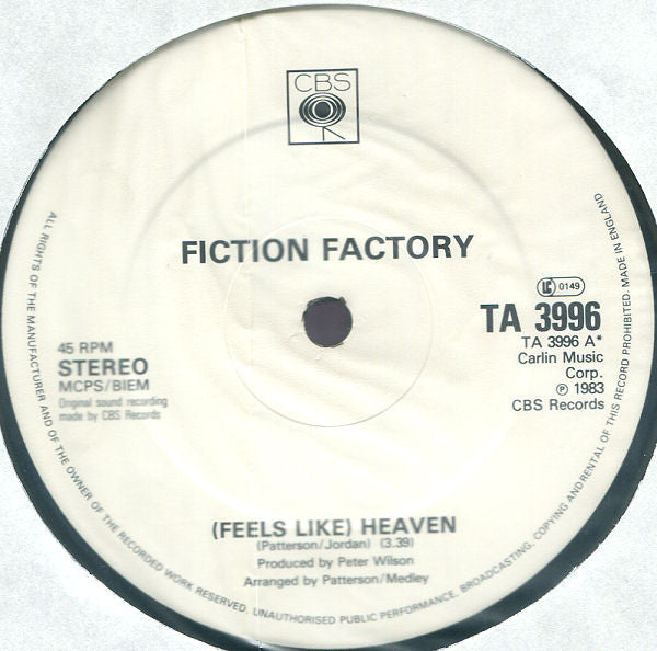 Image of Label Cover of 12" - VG/VG - FICTION FACTORY, (Feels Like) Heaven (CBS  Misprinted Timing; TA 3996, UK 1984, Hype Stickered Sleeve), ,  - 2616415C