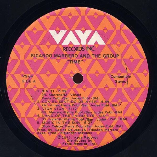 Image of Label Cover of 4514487C: LP - RICARDO MARRERO AND THE GROUP, Time (Vaya; JMVS-64, US 1977, Pasteback Sleeve) Strong VG across the board. Light surface/ring wear to sleeve. Some light marks to vinyl but plays great.  VG/VG