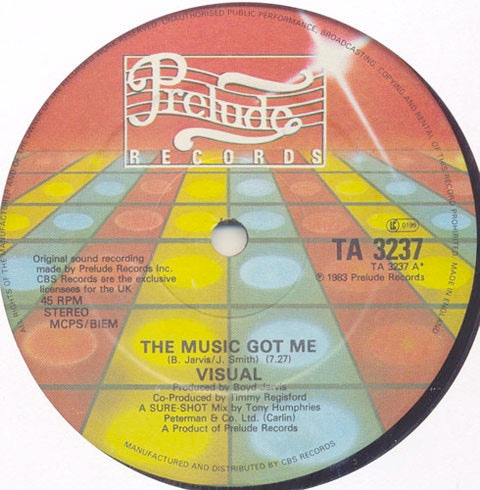 Image of Front Cover of 12" - /VG - VISUAL, The Music Got Me (Prelude; TA 3237, UK 1983, Plain Sleeve), Strong VG, light marks only.,  - 2346109S