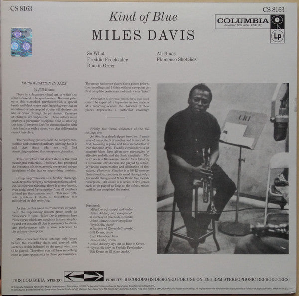 Image of Back Cover of LP - VG/VG - MILES DAVIS, Kind of Blue (Columbia / DeAgostini; CS 8163, Italy 2011 Reissue, 180 Gram Vinyl), ,  - 2446033S