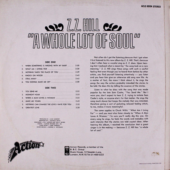 Image of Back Cover of 1424149E: LP - Z.Z.  HILL, A Whole Lot Of Soul (Action; ACLS 6004, UK 1969, Laminated Front Sleeve, Sticker on Label) Vinyl has many surface hairlines/marks but nothing nasty, plays ok. Cover strongest possible VG.  VG/G+