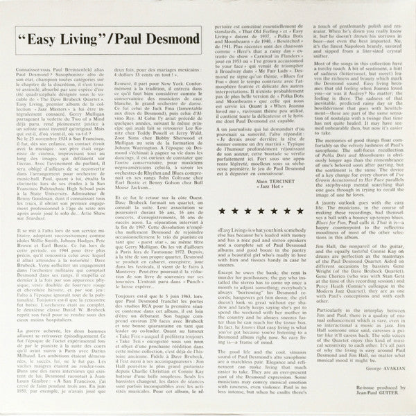 Image of Back Cover of LP - G+/VG+ - PAUL DESMOND, Easy Living (RCA; PL 42112, France 1977 Reissue, Gatefold), Top seam badly sellotaped. Sticker removal tear on front sleeve.,  - 3026093E