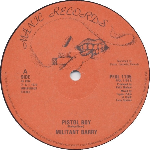 Image of Label Cover of 4615090C: 12" - MILITANT BARRY, Pistol Boy / Green Valley (Manic Records; PFUL 1105, UK 1979, Company Sleeve)   VG+/VG+