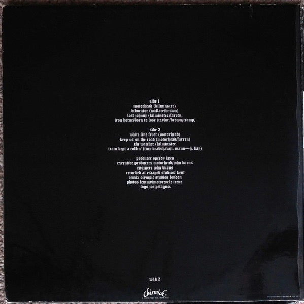 Image of Back Cover of LP - VG/VG - MOT�RHEAD, Mot�rhead (Chiswick Records; WIK 2, UK 1977, Laminated Sleeve, Inner, A1 / B2 Matrix. "Vibrator" On Label "Viborator" On Sleeve), Hairlines, laminate creases,  - 4446021S