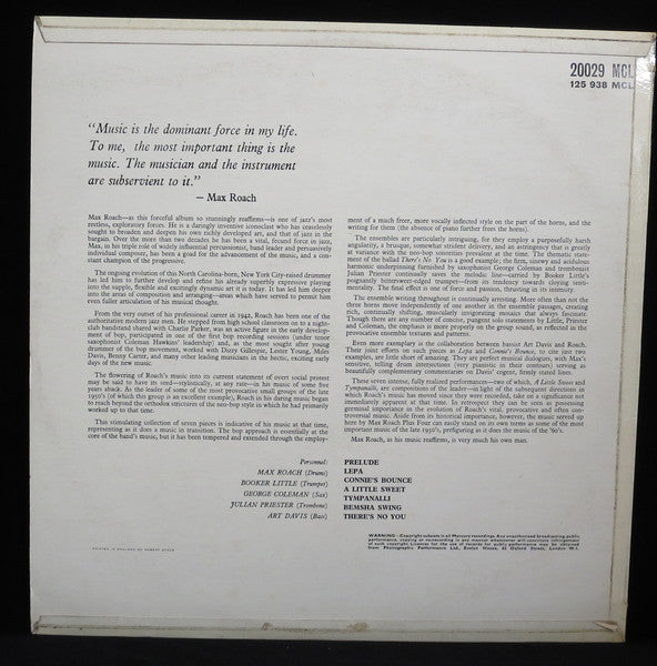 Image of Back Cover of LP - VG/VG - MAX ROACH QUINTET, The Many Sides Of Max (Mercury; 20029 MCL, UK 1964, Flipback Sleeve, Mono), ,  - 4126027E