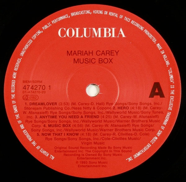 Image of Label Cover of 3714355C: LP - MARIAH CAREY, Music Box (Columbia; 474270 1, Europe 1993, Inner) Stickered sleeve  VG/VG