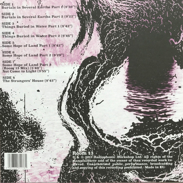 Image of Back Cover of 4x10" - EX/EX - RADIOPHONIC WORKSHOP, Burials In Several Earths (Room 13; RWSLP001, UK 2017, Box Set, 4 Inners, Poster), Looks great, discs look barely played, '' A suite of synth improvisations that add a fresh splash of innovation to the group s relentlessly inquisitive spirit, Features guest appearances from Human League s Martyn Ware and Steve  Dub  Jones, the engineer behind The Chemical Brothers, UNKLE, and New Order.'' VF - 2526020E