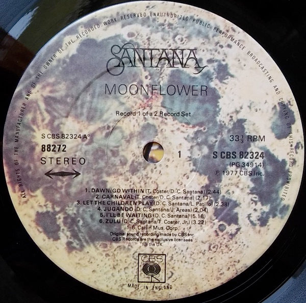 Image of Label Cover of 2xLP - VG+/VG+ - SANTANA, Moonflower (CBS; CBS 88272, UK 1977, Gatefold, 2 Inners), Hype Sticker on Sleeve, With Santana Inseret,  - 3926103E