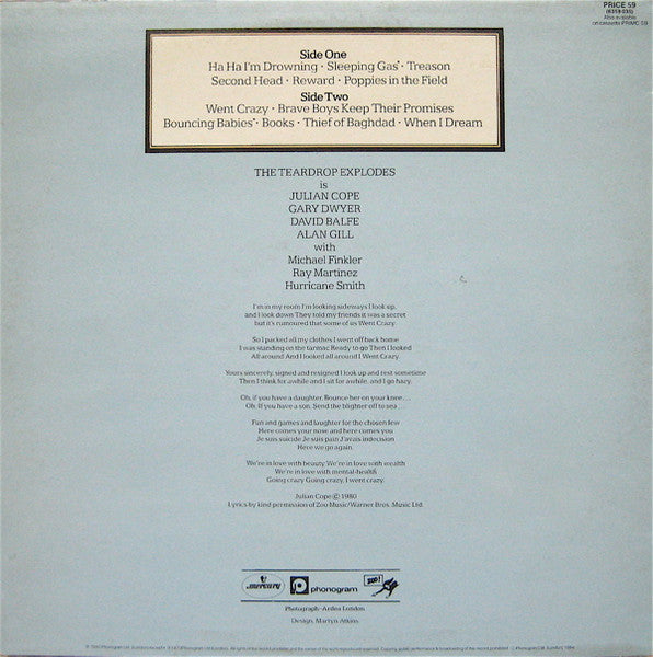 Image of Back Cover of LP - VG/VG+ - THE TEARDROP EXPLODES, Kilimanjaro (Mercury; PRICE 59, UK 1984 Reissue), Edge Wear, Stickered Sleeve, Sticker Marks,  - 3146177S
