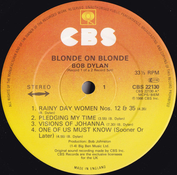 Image of Label Cover of 2xLP - VG/VG - BOB DYLAN, Blonde On Blonde (CBS Sunburst; CBS 22130, UK 1982 Reissue, Gatefold), ,  - 2526060E