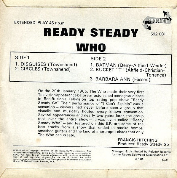 Image of Back Cover of 7" EP - G+/VG - THE WHO, Ready Steady Who (Reaction; 592 001, UK 1966, Flipback Picture Sleeve, Mono), Creasing to laminaed sleeve, written name in pen on top left corner of back cover. Few hairlines but vinyl is strong VG.,  - 3156000S