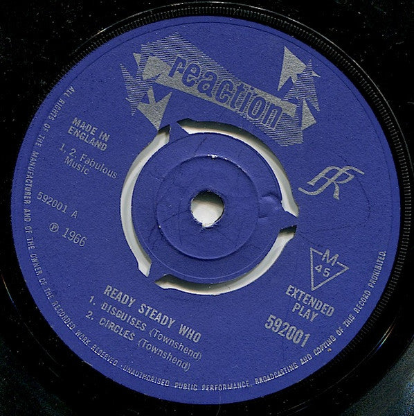 Image of Label Cover of 7" EP - G+/VG - THE WHO, Ready Steady Who (Reaction; 592 001, UK 1966, Flipback Picture Sleeve, Mono), Creasing to laminaed sleeve, written name in pen on top left corner of back cover. Few hairlines but vinyl is strong VG.,  - 3156000S