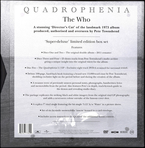 Image of Back Cover of 5xCD - VG+/VG - THE WHO, Quadrophenia - Director's Cut (Polydor; 2777840, Europe 2011 Reissue, Box Set, Book, Poster, 4 CDs, DVD and 7"), Very light marks on some of the discs,  - 3946399S