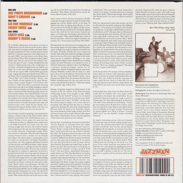 Image of Back Cover of 3x7" - VG/M - THE SOUL TORONADOS, The Complete Recordings (Jazzman; JMAN.039, UK 2005, Picture Sleeve), Sealed in shrink-wrap. Some light staining to sleeve under plastic, a creased and bumped corner, A - Hot Pants Break DownB - Boot's Groove	C - Go For Yourself	D - Funky ThangE - Crazy Legs	F - Bobby's Mood - 2516334C