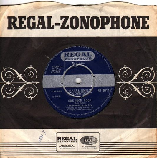 Image of Front Cover of 2514154C: 7" - TYRANNOSAURUS REX, One Inch Rock (Regal Zonophone; RZ 3011, UK 1968, Company Sleeve) Date stamped and Cat. No. written on sleeve.  VG+/VG+