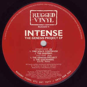 Image of Front Cover of 12" EP - VG/VG - INTENSE, The Genesis Project EP (Rugged Vinyl ; RUGGED 9, UK 1994, Company Sleeve), Light Marks only., Other Side (A)	A1	Time Space ContinuemA2	The DreamerThis Side (AA)	AA1	The Genesis ProjectAA2	The Quickening (D.O.P.E. Remix) - 3126337E