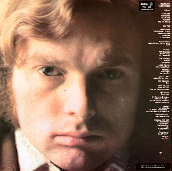 Image of Back Cover of LP - VG/EX - VAN MORRISON, Moondance (WB Tan; K46040, Germany 1980s Reissue, No Barcode, embossed W Logo on back cover, misprint of"And it Stoned Me" to "Stoned me" on black of sleeve and "I stoned Me" on label.), Split Spine And Seam,  - 2926115E