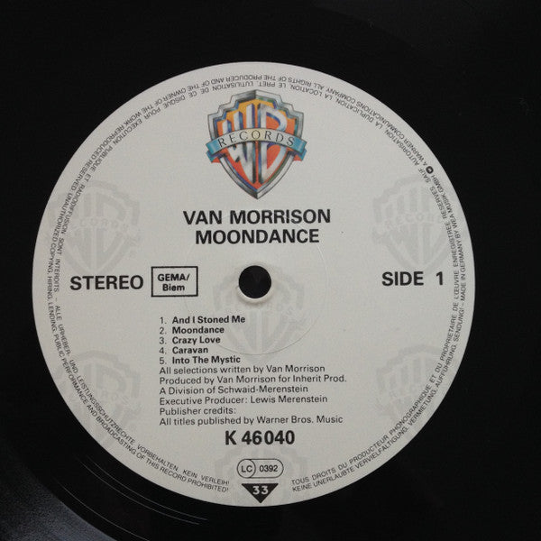 Image of Label Cover of LP - VG/EX - VAN MORRISON, Moondance (WB Tan; K46040, Germany 1980s Reissue, No Barcode, embossed W Logo on back cover, misprint of"And it Stoned Me" to "Stoned me" on black of sleeve and "I stoned Me" on label.), Split Spine And Seam,  - 2926115E