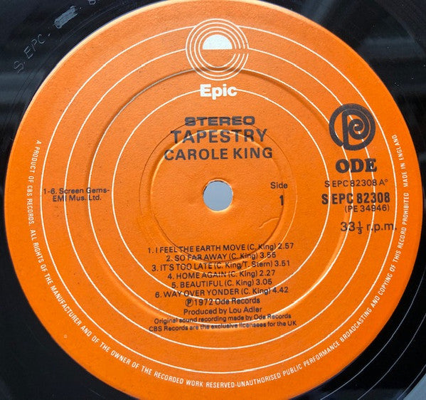 Image of Label Cover of LP - VG/VG - CAROLE KING, Tapestry (Epic Orange / Ode; EPC 82308, UK 1970s Reissue), ,  - 3926113E