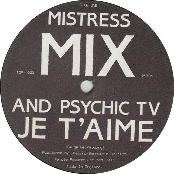 Image of Label Cover of 12" - VG+/EX - MISTRESS MIX & PSYCHIC TV, Je T'Aime (Temple; TOPY050, UK 1989, Picture Sleeve), ,  - 2226209E