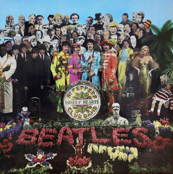 Image of Front Cover of 4715056C: LP - THE BEATLES, Sgt. Pepper's Lonely Hearts Club Band (Parlophone Silver / Black, 2 EMI Boxes, EMI on Label Rim; PCS7027, UK 1975 Reissue, Laminated Gatefold, Insert, Stereo) Strong G+, Side one clean VG, Side 2 has some long light marks, Sleeve intact, Little bit of ring wear      VG/G+
