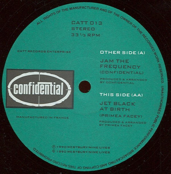 Image of Label Cover of 12" - VG/VG - CONFIDENTIAL / PRIMEA FACEY, Jam The Frequency / Jet Black At Birth (Catt Records ; CATT 013, UK 1990, Picture Sleeve), ,  - 4026071E