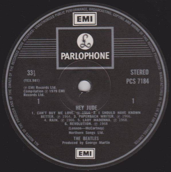 Image of Label Cover of 4715066C: LP - THE BEATLES, Hey Jude (Parlophone 2 Boxed EMI Logos; PCS7184, UK 1980 Reissue, Non-Laminated Sleeve, Manufactured in the UK Label) Strong VG, Ring wear and edge wear to sleeve  VG/VG