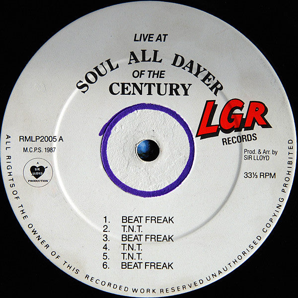 Image of Label Cover of LP - VG/VG - VARIOUS ARTISTS, Live At Soul All Dayer Of The Century (LGR Records; RMLP-2005, UK 1987), Writing on label and sleeve. Light hairlines. ,  - 4126327E