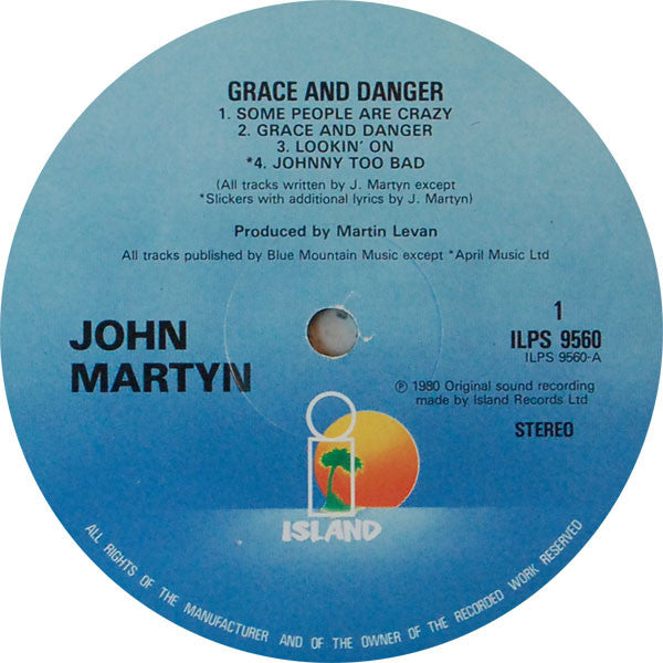 Image of Label Cover of LP - VG+/VG+ - JOHN MARTYN, Grace And Danger (Island Blue - Night and Day; ILPS 9560 , UK 1980), Company Inner,  - 3926435E