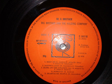 Image of Label Cover of LP - VG/VG - BIG BROTHER AND THE HOLDING COMPANY, Be A Brother (CBS Orange (33 1/3 On Label); S64118, UK 1971, No Janis on this LP), "Mottling" To Vinyl Which Does Not Affect Play,  - 1726508E