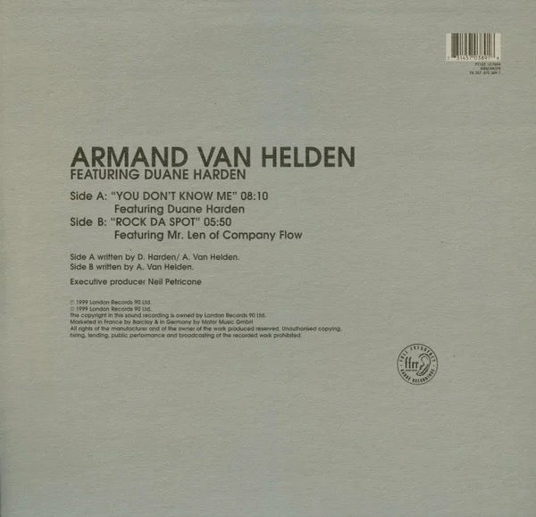 Image of Back Cover of 12" - G+/G+ - ARMAND VAN HELDEN FEAT DUANE HARDEN, You Don't Know Me (FFRR; FX 357, UK 1999, Picture Sleeve), Some surface marks and sleeve wear but plays well, with some crackle,  - 3626014E