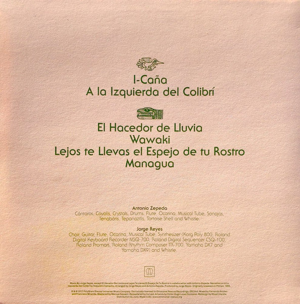 Image of Back Cover of LP - VG+/VG+ - JORGE REYES & ANTONIO ZEPEDA, A La Izquierda Del Colibr   (Emotional Rescue; ERC043, UK 2017 Reissue, Picture Sleeve, Inner), A couple of minor scuffs from storage but only cosmetic, Mexican experimental composer, originally released in 1986. Amazing ambient mix of Prehispanic instruments, percussion, electronics, New Age, Jazz, Prog. Deep and essential. - 3726014E