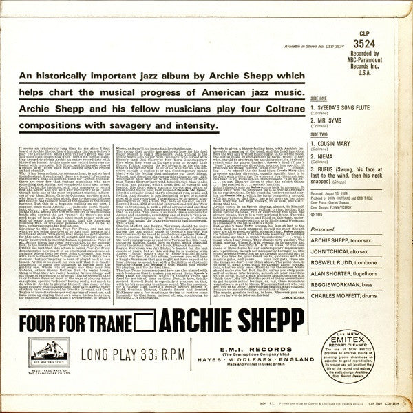 Image of Back Cover of 3924097E: LP - ARCHIE SHEPP, Four For Trane (His Masters Voice; CLP 3524, UK 1965, Flipback Sleeve, Mono) Plenty of marks, light to medium noise.  G+/G+