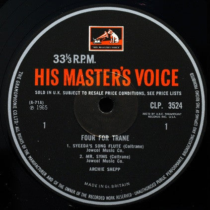 Image of Label Cover of 3924097E: LP - ARCHIE SHEPP, Four For Trane (His Masters Voice; CLP 3524, UK 1965, Flipback Sleeve, Mono) Plenty of marks, light to medium noise.  G+/G+