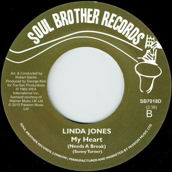 Image of Back Cover of 7" - /EX - LINDA JONES, I Just Can't Live My Life (Without You Babe) / My Heart (Needs A Break) (Soul Brother; SB7018D, UK 2015 Reissue, Plain sleeve), ,  - 1456144S