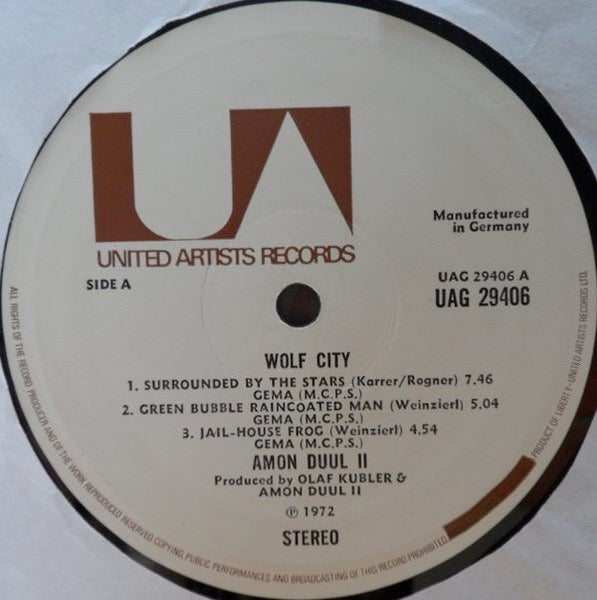 Image of Label Cover of LP - VG/G - AMON D��L II, Wolf City (United Artists Records With Manufactured In Germany On Labels; UAG 29406, UK 1972, Gatefold), Lots of hairline surface marks, Sleeve has edge wear, ring wear and slight fading,  - 4316279C