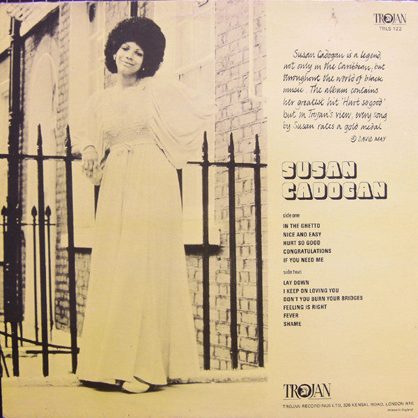 Image of Back Cover of LP - G+/VG - SUSAN CADOGAN, Susan Cadogan (Trojan Records ; TRLS 122, UK 1980s Reissue, Laminated Sleeve), Sounds VG+, shiny copy, light marks only. Slightly different pressing rings. Sleeve shows on tear on top right area, still looks great.,  - 2416453C