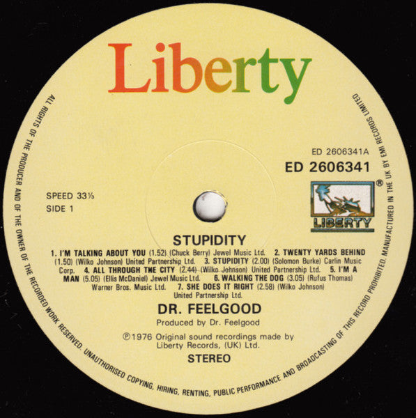 Image of Label Cover of LP - VG/VG+ - DR FEELGOOD, Stupidity (UA; ED260634, UK 1980s Reissue), ,  - 4326111E