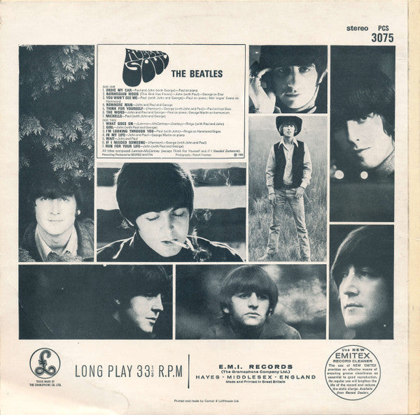 Image of Back Cover of LP - G+/G - THE BEATLES, Rubber Soul (Parlophone Silver/Black - Two EMI Boxes, The Gramophone Co. Ltd.; PCS 3075, UK 1971 Reissue, Laminated Front Sleeve Without Patents Pending, Stereo), Tear On Rear Sleeve, Click on Side 2 on Girl,  - 4226193E